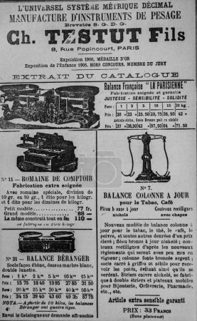 Publicidad para instrumentos de pesaje, Directorio de Epicerie Francesa, 1911