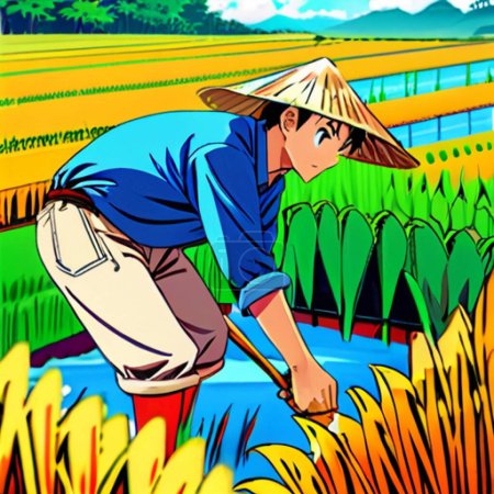 Bauer mit Reis im Garten
