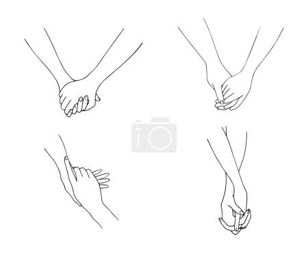 Téléchargez les illustrations : Hand drawn hands isolated on white background. Hand in hand. One line contour drawing. Outline holding hands. Hands of lovers. Vector illustration - en licence libre de droit