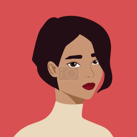 Ilustración de Portrait of a beautiful half turn Latin woman. Young brown haired girl with stylish haircut. Fashion and beauty. Female. Avatar for social networks. Bright art. Flat style - Imagen libre de derechos