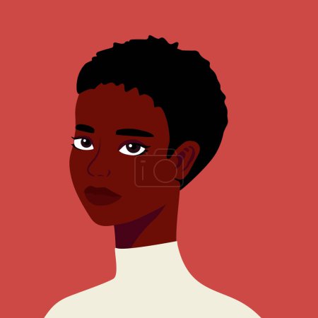 Ilustración de Portrait of a beautiful half turn African woman. Young short haired girl. Fashion and beauty. Female. Avatar for social networks. Bright art. Flat style - Imagen libre de derechos