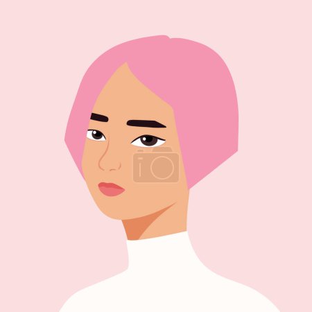Téléchargez les illustrations : Portrait of a beautiful half turn stylish woman. Young pink haired girl. Fashion and beauty. Female. Avatar for social networks. Bright art. Flat style - en licence libre de droit