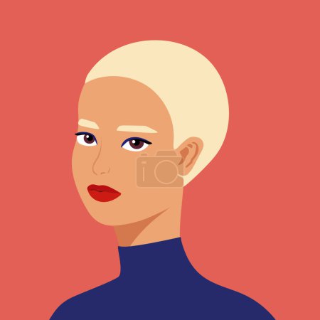 Ilustración de Portrait of a beautiful half turn woman. Young blonde girl with short hair. Fashion and beauty. Female. Avatar for social networks. Bright art. Flat style - Imagen libre de derechos