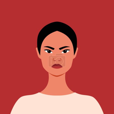 Téléchargez les illustrations : Portrait of an angry Asian woman. Grumpy girl. Felleing anger. Full face portrait in flat style. Human emotions - en licence libre de droit