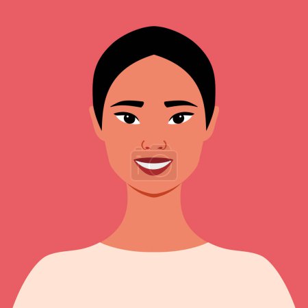 Ilustración de Portrait of a beautiful Asian woman. Happy smiling girl. Full face portrait in flat style. Avatar. Female. Diversity - Imagen libre de derechos