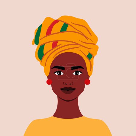 Ilustración de Hermosa chica africana en tocado tradicional. Retrato de rostro completo en estilo plano. Avatar. Mujer. Diversidad. Negro historia mes - Imagen libre de derechos