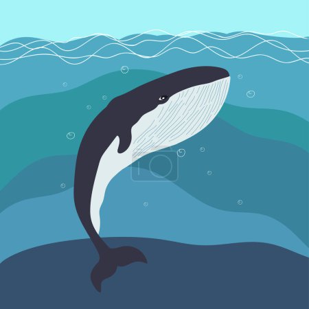 Illustration for A whale in waves. Ocean theme. Simple marine art in flat style. Hand drawn artwork. - Royalty Free Image