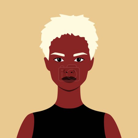 Ilustración de Retrato de una hermosa mujer africana con el pelo corto y rubio. Retrato de rostro completo en estilo plano. Avatar. Mujer. Diversidad - Imagen libre de derechos