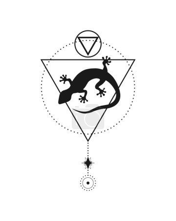 Ilustración de Tatuaje animall abstracto con contorno gekko y elementos geométricos aislados sobre fondo blanco. Ilustración vectorial - Imagen libre de derechos