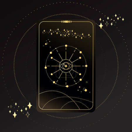 Gold Tarot card with a magical eye on a black background with stars. Tarot symbolism. Mystery, astrology, esoteric