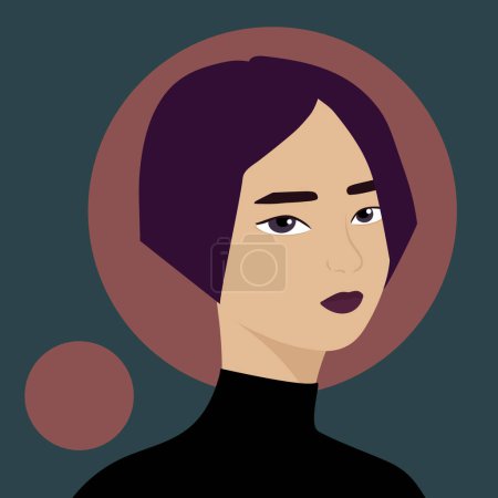 Portrait of a beautiful half turn woman. Young purple haired girl. Avatar for social networks in flat style