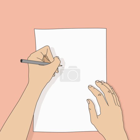 Illustration for Drawing hand with a pencil and a white sheet of paper. Pencil in a left hand. Artist at work. Left-handed painter. Vector illustration - Royalty Free Image