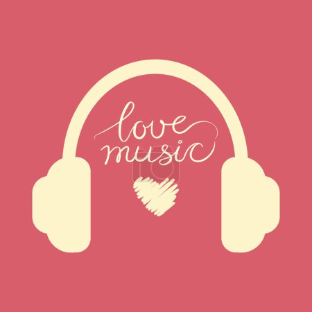 Esquema de auriculares sobre fondo rosa con letras Love music. Escuchar música en los auriculares. Musicoterapia. Avatar. Ilustración vectorial