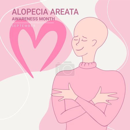Illustration for Alopecia awareness month poster. Beautiful bald girl is hugging herself. Bald is beautiful. Vector illustration - Royalty Free Image