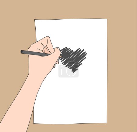 Illustration for Hand drawing a heart with a pencil and a white sheet of paper. Pencil in a left hand. Artist at work. Left-handed painter. Vector illustration - Royalty Free Image