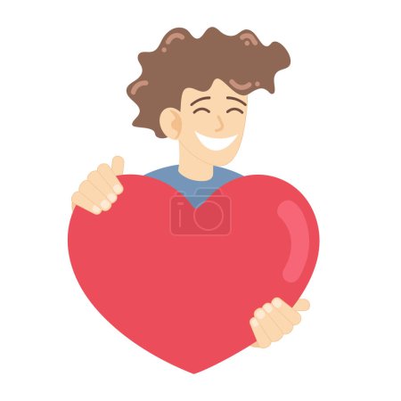 Téléchargez les illustrations : Un homme souriant tenant un cœur. Le gars donne un cœur. Illustration vectorielle - en licence libre de droit