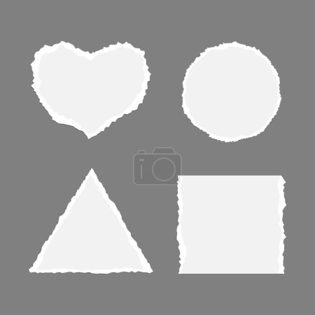 Set of torn paper of different shapes. Torn paper square, triangle, circle and heart shape. Vector illustration