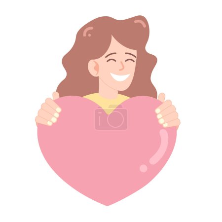 Téléchargez les illustrations : Une femme souriante tenant un cœur. La fille donne un cœur. Illustration vectorielle - en licence libre de droit