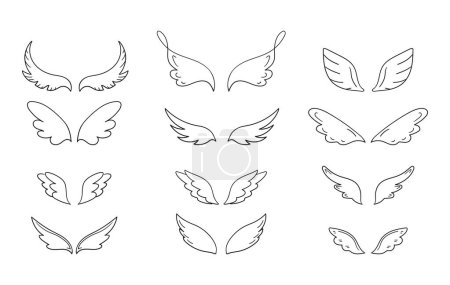 Ilustración de Colección de alas dibujadas a mano en diferentes formas. Colección de alas de Doodle. Ilustración vectorial - Imagen libre de derechos