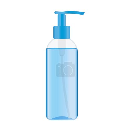 Illustration for Plastic pump bottle with a blue liquid inside. Dispenser bottle with cosmetic product like cleansing gel. Vector illustration - Royalty Free Image