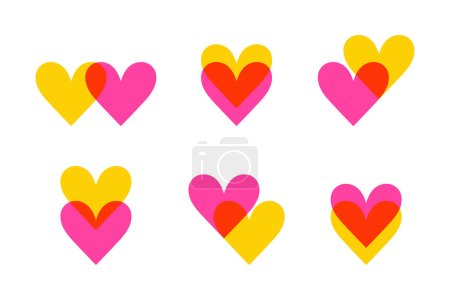 Illustration for Bright colored hearts icon set. Hearts merged. Heart on heart. Flat style. Vector illustration - Royalty Free Image