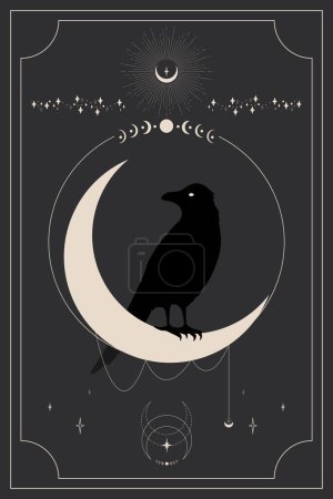 Carta del tarot con un cuervo negro sentado en una media luna. Misterio, astrología, esotérico. Ilustración vectorial