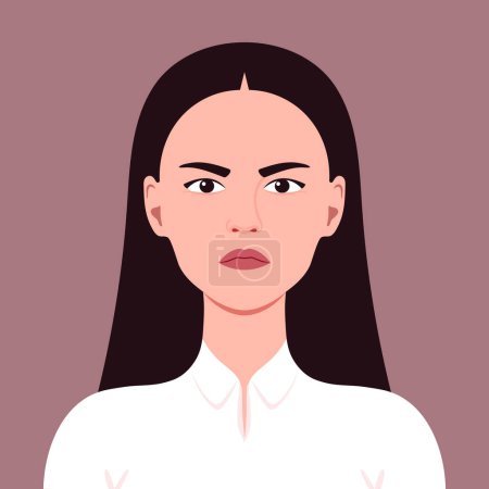 Portrait of an angry young woman. Symbolizes facial expression of an anger, gloomy and wrath. Vector illustration.