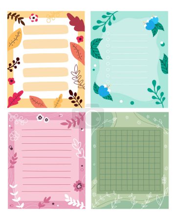 Set of paper notes decorated with leaves and flowers. Templates for memo, reminder or to do list. Vector illustration