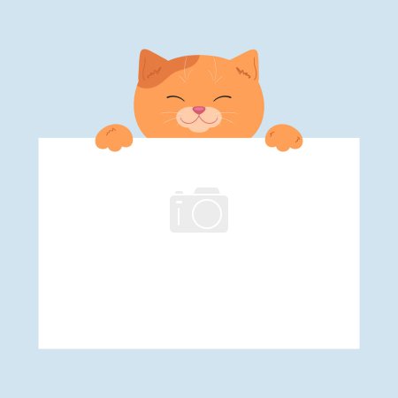 Cartoon ginger cat holding a blank paper sheet. Cute template for text. Vector illustration