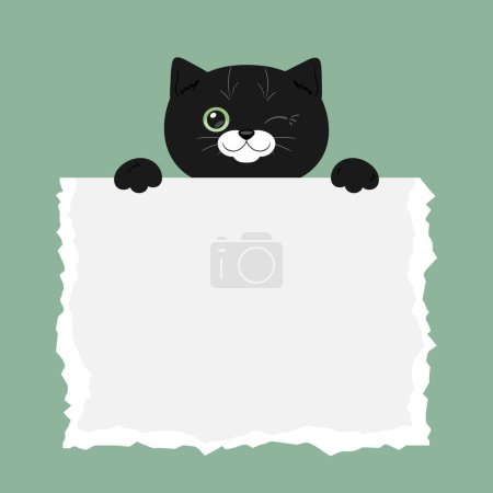 Cartoon black cat holding a torn paper sheet. Cute template for text. Vector illustration