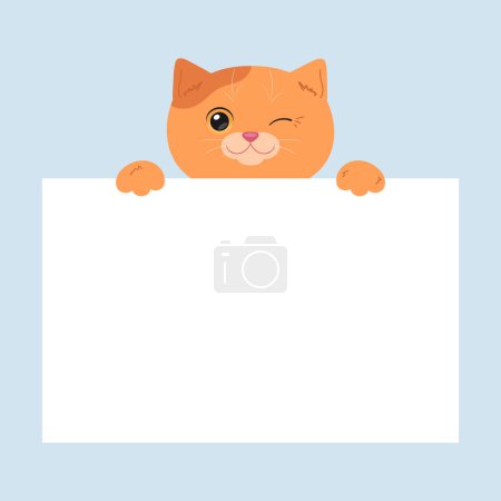 Cartoon winking ginger cat holding a blank paper sheet. Cute template for text. Vector illustration