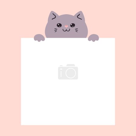 Cute cartoon cat holding a blank paper sheet. Empty space for text. Vector illustration