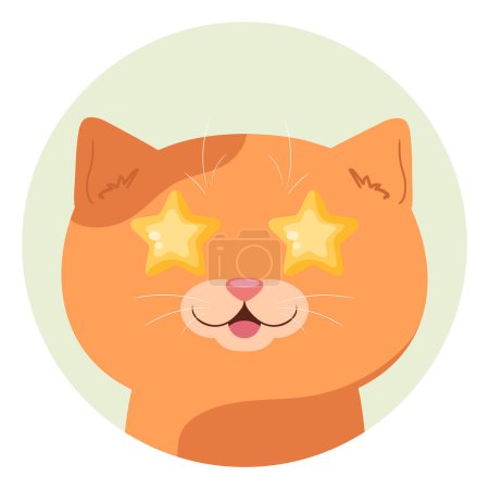 Illustration for Cartoon red tabby cat with stars in his eyes. The cat is delighted and looks at the object of adoration. Vector illustration - Royalty Free Image