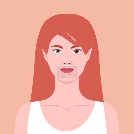 Young redhead woman with a heterochromia. Woman with different colored eyes. Eyes of different colors. Brown and blue eye. Vector illustration