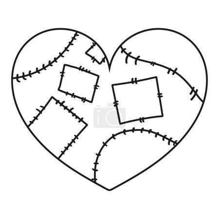 Téléchargez les illustrations : Coeur avec des patchs. Cœur guéri et réparé avec des points de suture. Décoration coeur monochrome. Illustration vectorielle - en licence libre de droit