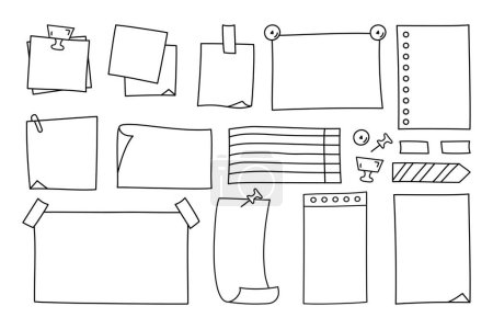 Doodle Papierbögen, Aufkleber und Pins. Für Notizen, Aufgabenliste und Memo. Vektorillustration