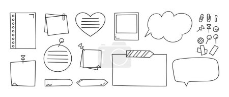 Doodle paper notes. Paper sheets, stickers, pins and speech bubbles. For to do list and memo. Vector illustration