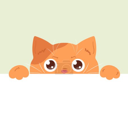 Téléchargez les illustrations : Charmant chat roux. Curieux chat regarde hors de la table. Espace vide pour le texte. Illustration vectorielle - en licence libre de droit