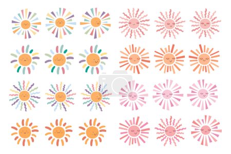 Illustration for Collection of cute hand drawn smiling suns in different shapes and colors. For baby shower cards and invitations, nursery and kids room decoration, print. Vector illustration - Royalty Free Image