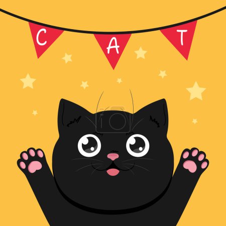 Schwarze guckende Katze. Glückliche Katze auf gelbem Hintergrund, dekoriert mit Sternen und Girlanden. Nette Zeichentrickfigur. Vektorillustration
