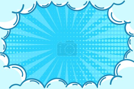 Komischer Hintergrund im Retro-Pop-Art-Stil. Streifen und gepunkteter himmelblauer Hintergrund, der mit Wolken verziert ist. Vektorillustration