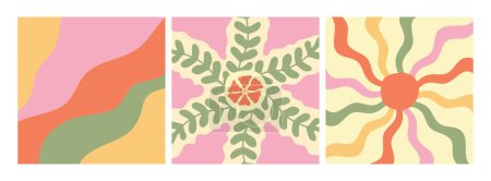 Groovy retro backgrounds. Sun with rays, flower and waves. Hippie 60s, 70s style. Vector illustration