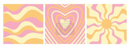 Illustration for Groovy retro backgrounds. Sun with rays, heart and waves. Hippie 60s, 70s style. Vector illustration - Royalty Free Image