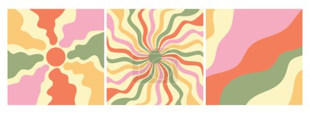 Illustration for Groovy retro backgrounds. Sunburst, flower and waves. Hippie 60s, 70s style. Vector illustration - Royalty Free Image
