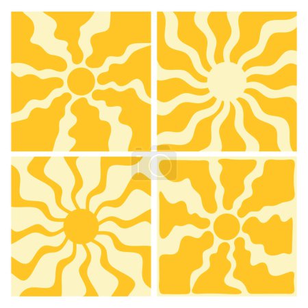Illustration for Groovy retro backgrounds with sun and sunbeams. Groovy doodle sunburst. Hippie 60s, 70s style. Vector illustration - Royalty Free Image
