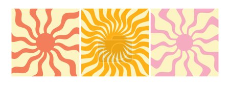 Illustration for Groovy retro sunburst set. Groovy sun with twisted and distorted rays. Hippie 60s, 70s style. Vector illustration - Royalty Free Image