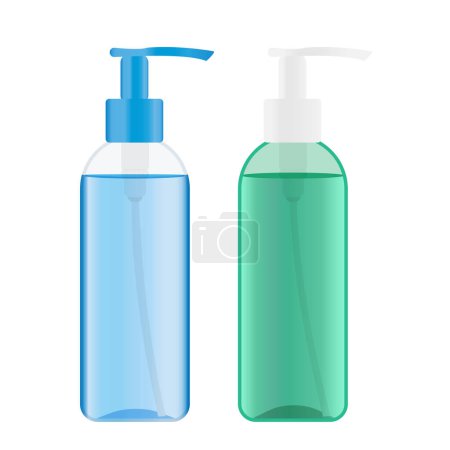 Illustration for Plastic pump bottles with green and blue liquid inside. Dispenser bottles with cosmetic product like cleansing gel. Vector illustration - Royalty Free Image