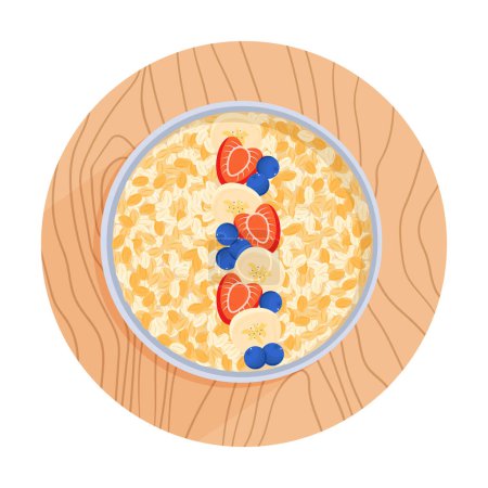 Oatmeal in a bowl on wooden plank isolated on white background. Oat flakes with strawberries, blueberries and banana. Porridge oats, top view. Healthy natural breakfast. Vector illustration