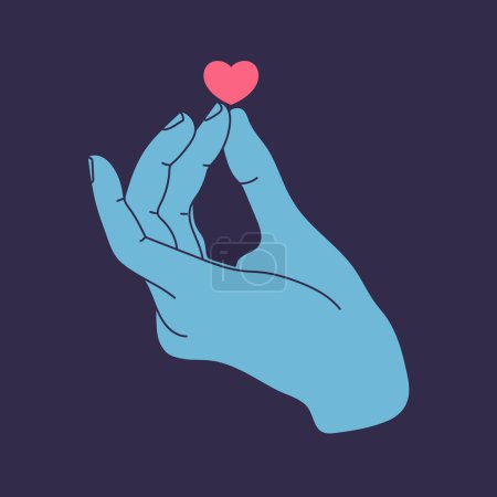 Téléchargez les illustrations : Main humaine tenant un cœur. geste de la main isolé sur fond bleu. Illustration vectorielle - en licence libre de droit