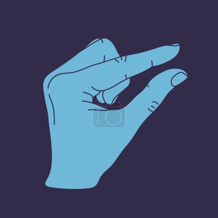 Illustration for Measuring hand isolated on blue background. Human hand showing size gesture. Hand showing small amount. Vector illustration - Royalty Free Image